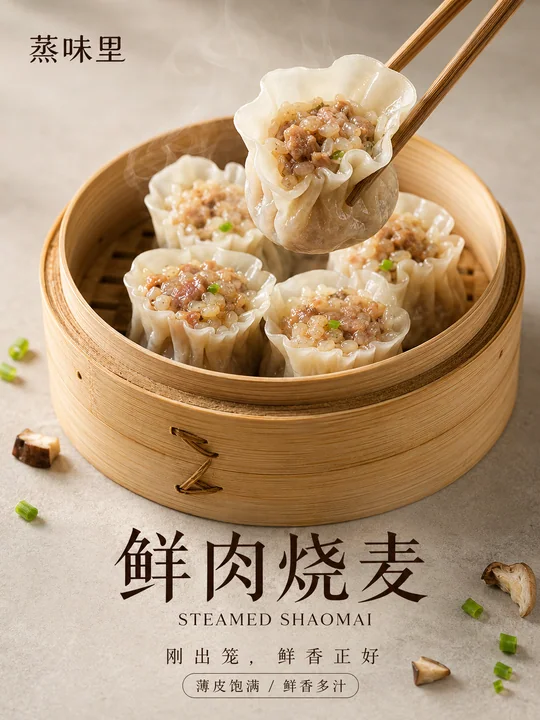 蒸味里鲜肉烧麦高端写实美食商业海报