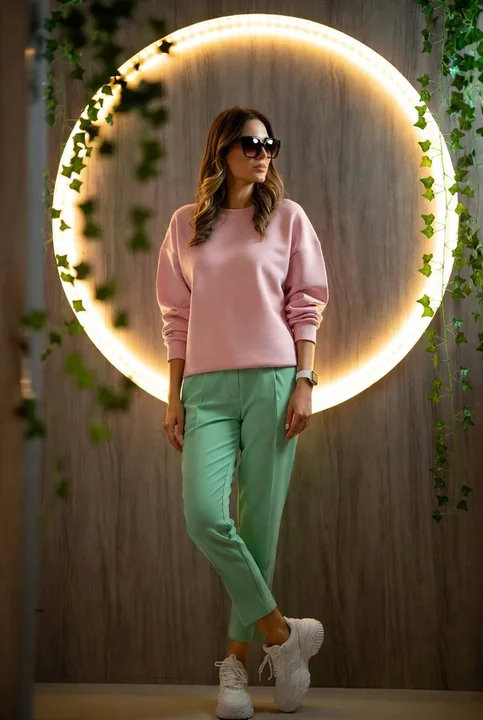 Le pull rose doux et les pantalons menthe, une détente mode