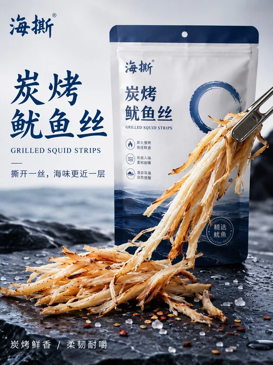 高端海盐蓝调炭烤鱿鱼丝极简食品海报