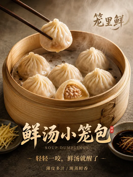 笼里鲜中式写实鲜汤小笼包海报