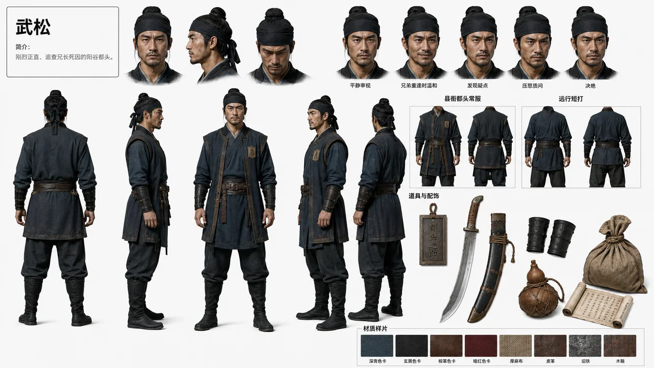北宋英雄武松:写实武侠短剧角色资产设定图
