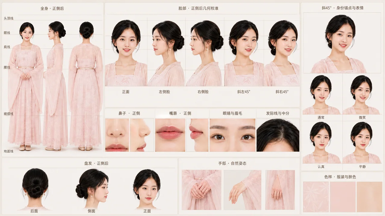 汉服少女全维度角色设定制作三视图