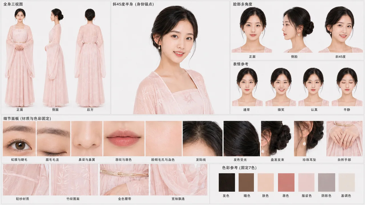 唯美古风淡粉色汉服女子高精角色参考表