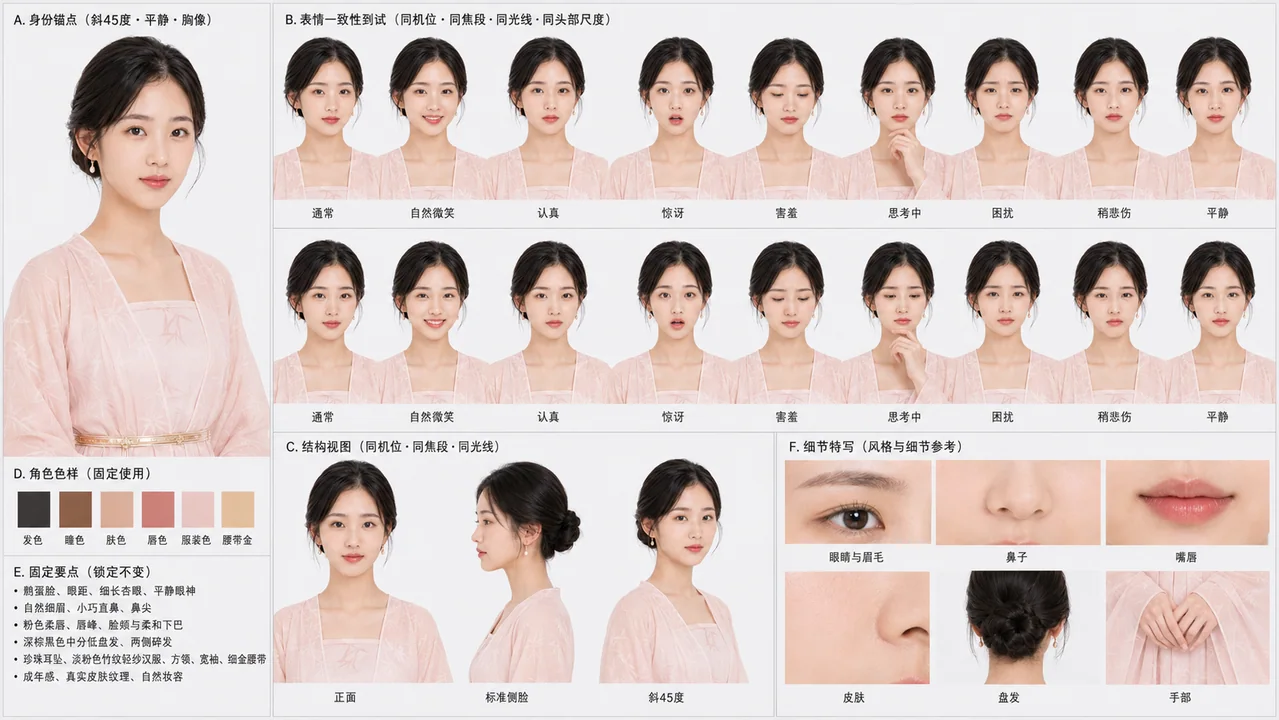 汉服少女全方位表情一致性参考图表