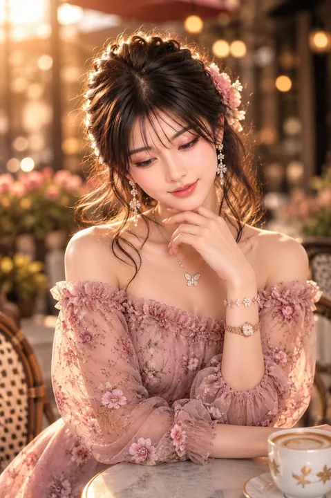 豪华浪漫咖啡馆人像摄影提示词