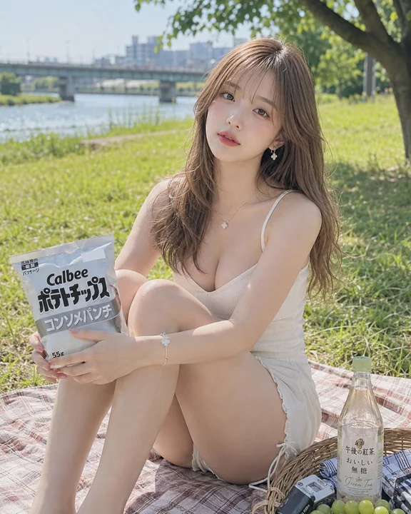 河边树荫下夏日野餐少女写真