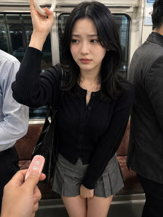拥挤电车内时尚裙装少女主观视角