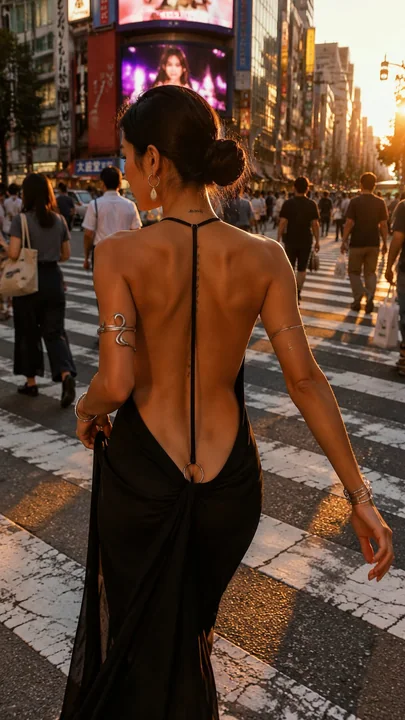 涩谷十字路口日落露背长裙女性街拍快照