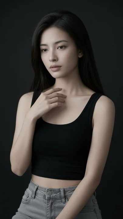 极简黑色背心东亚女性棚拍