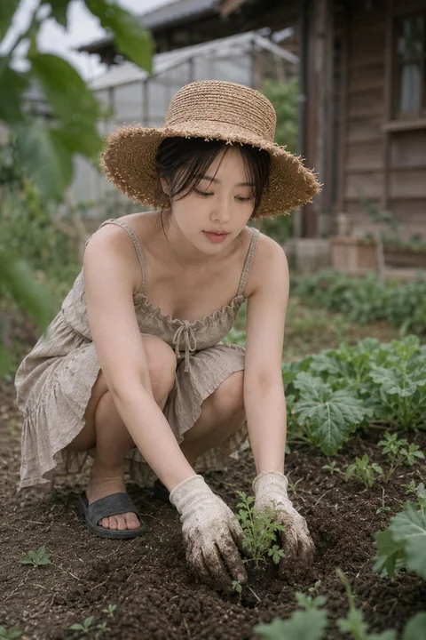 乡村菜园劳作的东亚年轻女性纪实摄影