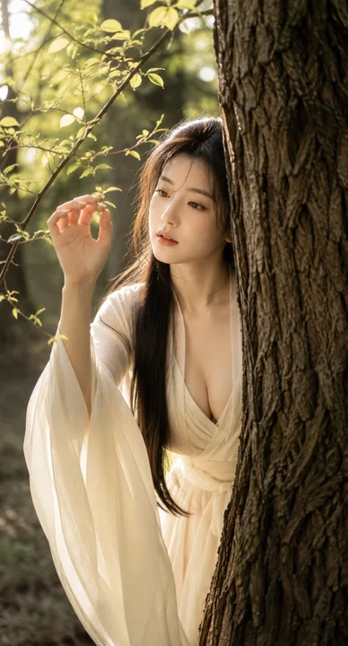 林间树后探身的古风写实人像