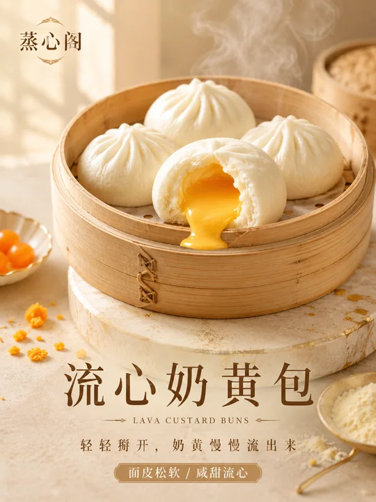 蒸心阁高端流心奶黄包商业摄影海报