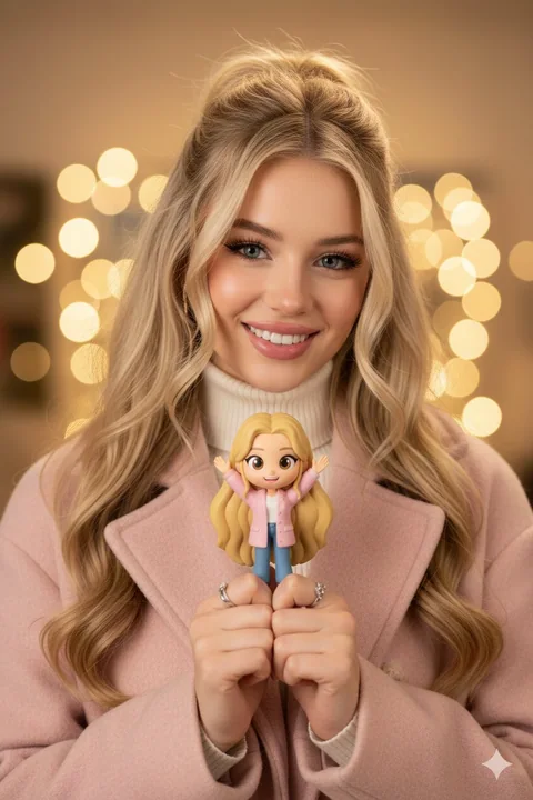 Jeune fille en robe rose tenant une poupée Q-style avec un sourire doux