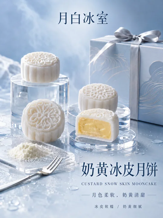极简冷感美学:月白冰室奶黄冰皮月饼海报