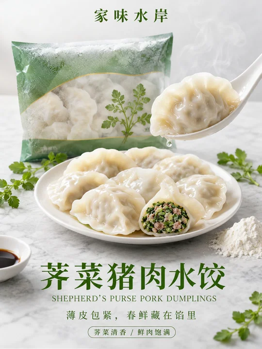 家味水岸荠菜猪肉水饺商业摄影海报