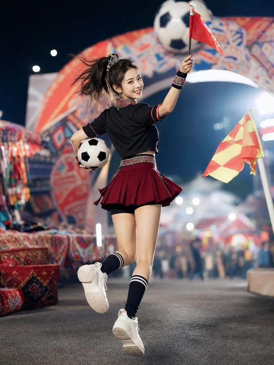 绿茵场上的苗绣风华:世界杯俏皮足球女神