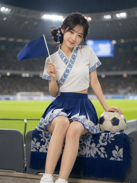 世界杯看台上的蓝印花布古风绝美少女