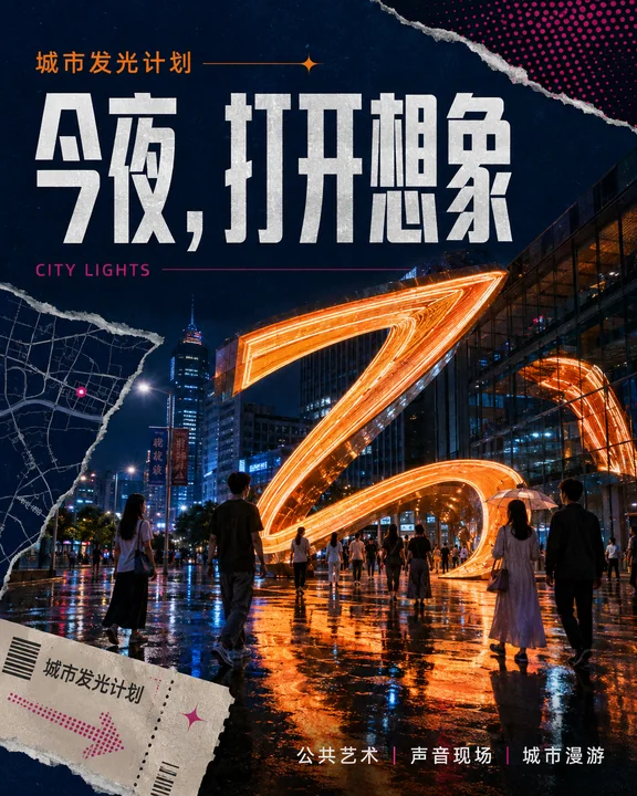 城市发光计划:雨夜街头的汉字艺术拼贴海报