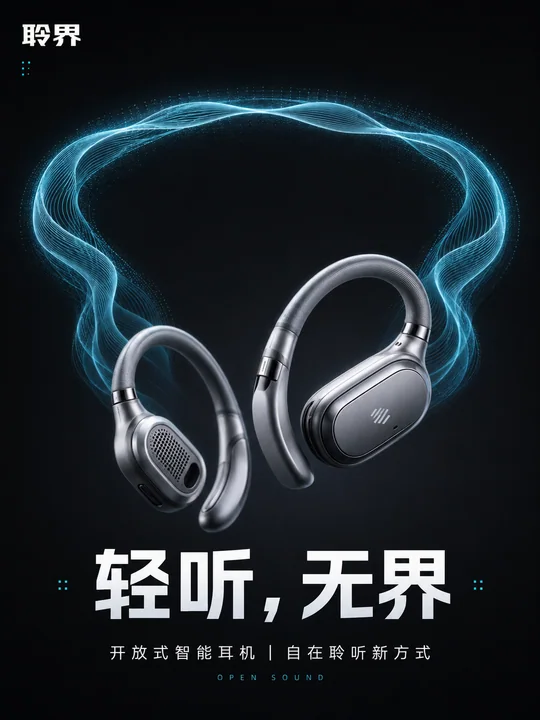 聆界智能耳机：轻听无界极简美学发布海报