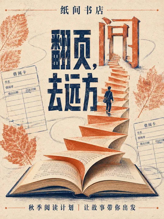 纸间书店秋季阅读海报:翻页去远方