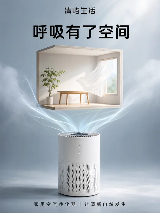 纯净呼吸美学:清屿生活空气净化器超现实海报