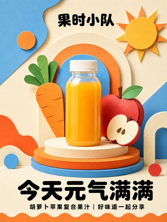 孟菲斯纸雕风胡萝卜苹果汁海报