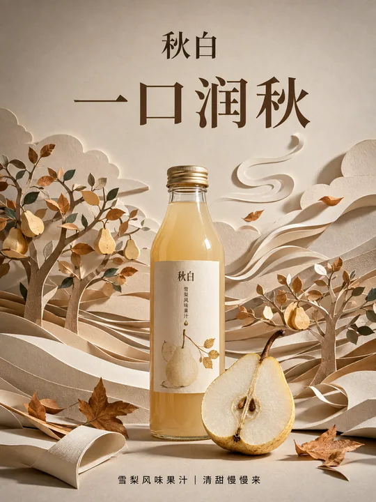 意境秋季雪梨汁纸雕商业艺术海报