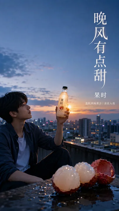 城市天台晚风荔枝汁夏日人像海报