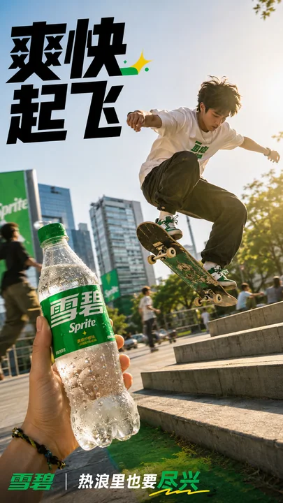 雪碧滑板海报:爽快起飞的夏日街头瞬间