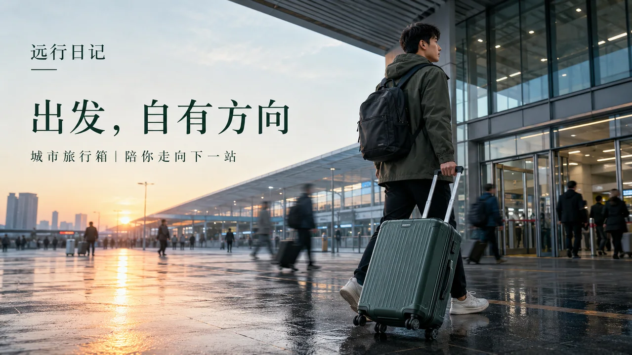 晨曦下的远行:城市旅行箱电影感商业海报