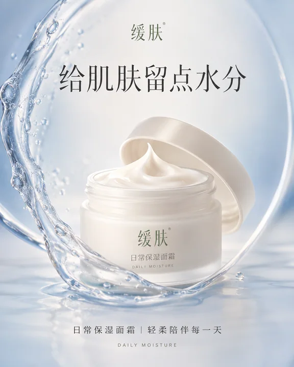 极简呼吸感:缓肤保湿面霜微距质感海报