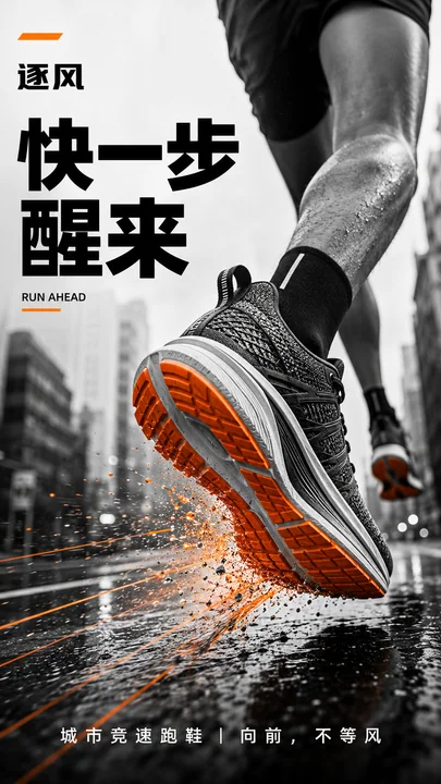 极简黑白街头竞速跑鞋商业海报
