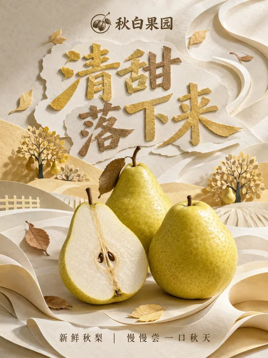 手工纸雕风秋梨海报清甜落下来