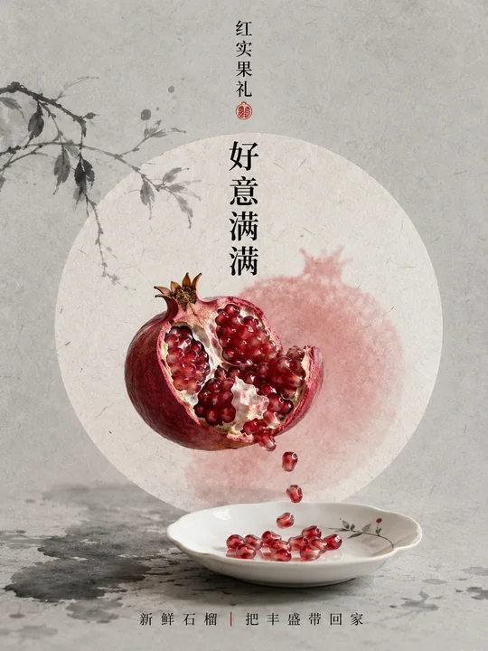 极简新中式石榴鲜果礼赠海报设计
