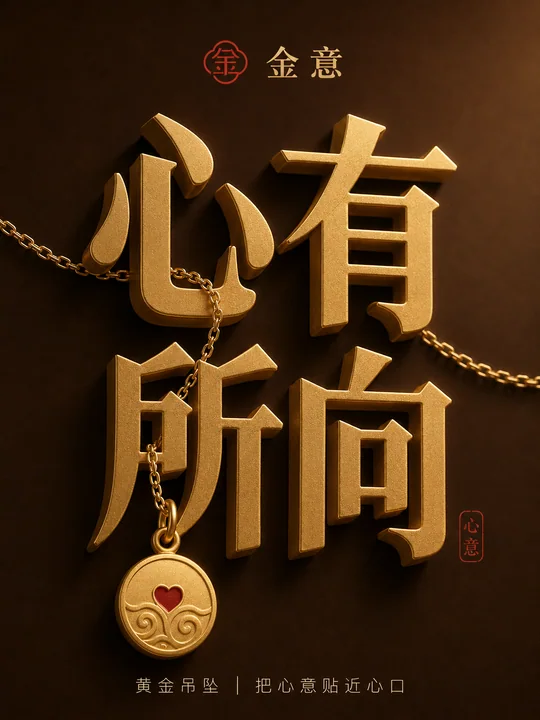 极简东方美学暖金立体字吊坠海报
