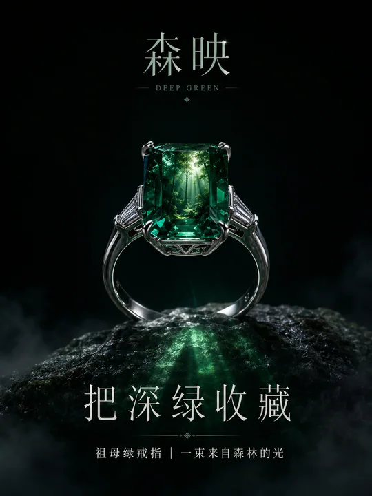 幽邃森境祖母绿钻戒商业海报