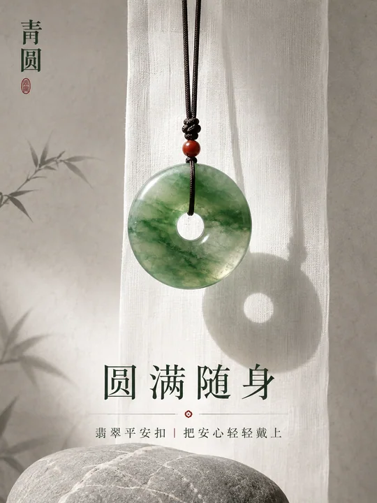 极简新中式青圆翡翠平安扣商业海报