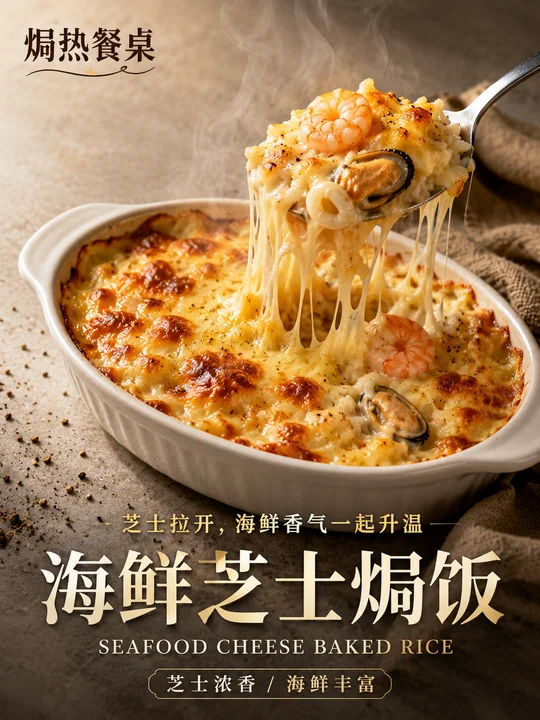 芝士拉丝海鲜焗饭高级感商业海报