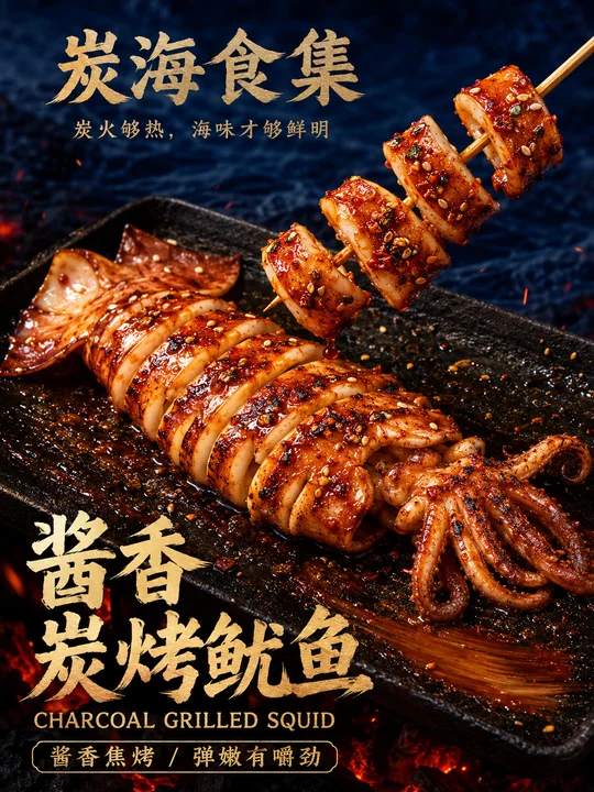 酱香炭烤鱿鱼高级写实商业美食海报