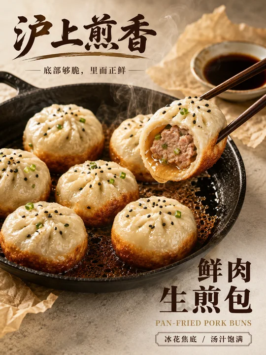 沪上煎香：金黄焦底鲜肉生煎包商业海报
