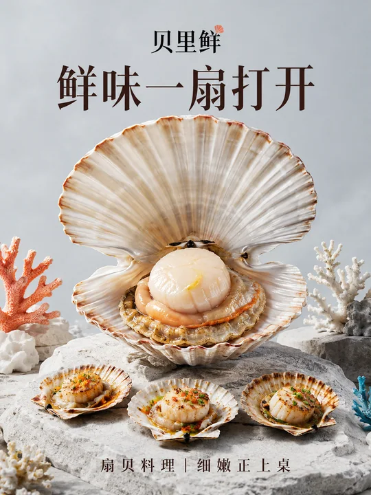 贝里鲜极简主义扇贝美食商业海报
