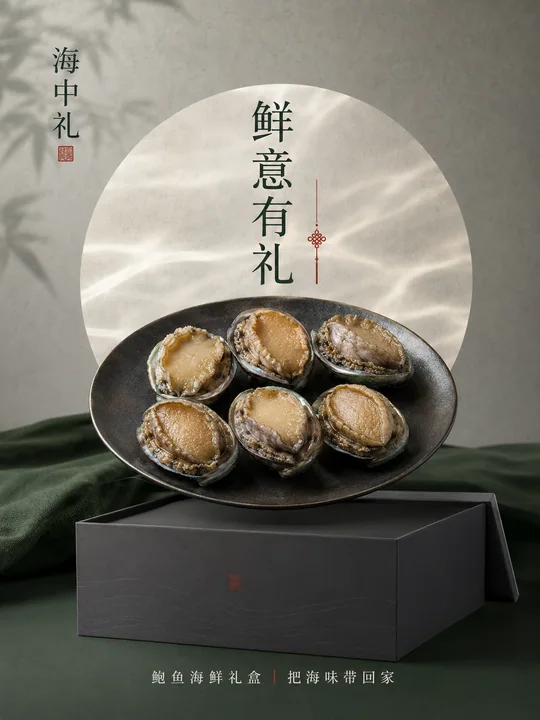 新中式极简鲍鱼礼盒商业海报设计