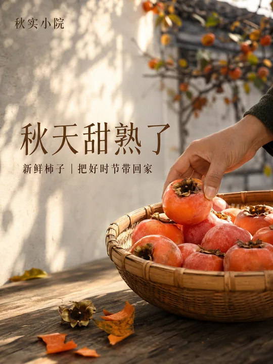 中式庭院暖阳下的秋日柿子商业海报