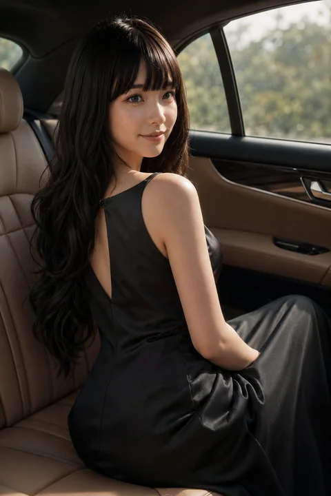豪车后座黑裙东亚女性侧身看向镜头