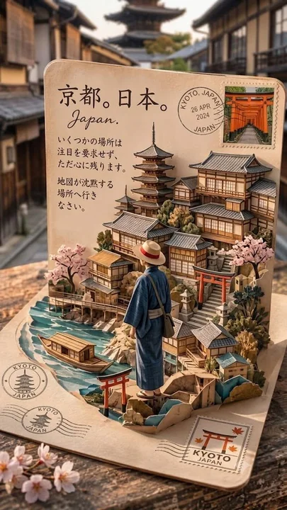 京都立体剪纸明信片风景