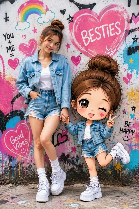 现实美女与Q版涂鸦女孩街头风合照