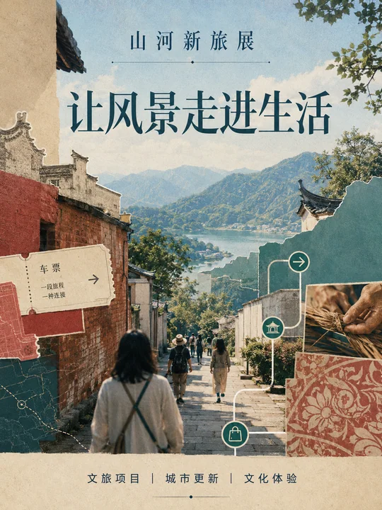 穿梭山河街巷的文旅融合叙事海报