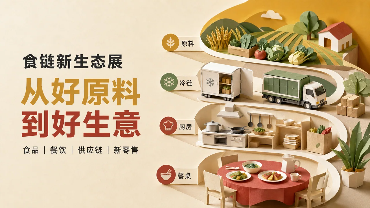 创意纸雕风食链新生态全链路视觉海报