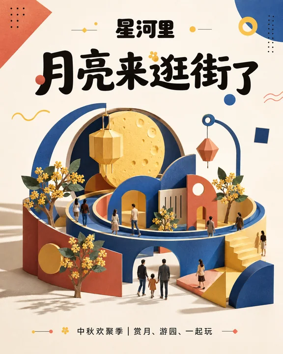 星河里中秋孟菲斯纸雕风商场创意海报