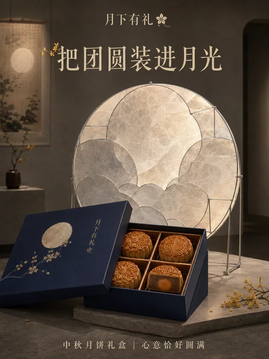 靛蓝艺术装置风格中秋月饼礼盒海报